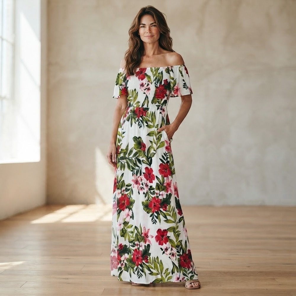 ODDY Tropical Floral Off Shoulder Maxi Dress White Red Hibiscus Smocked Waist